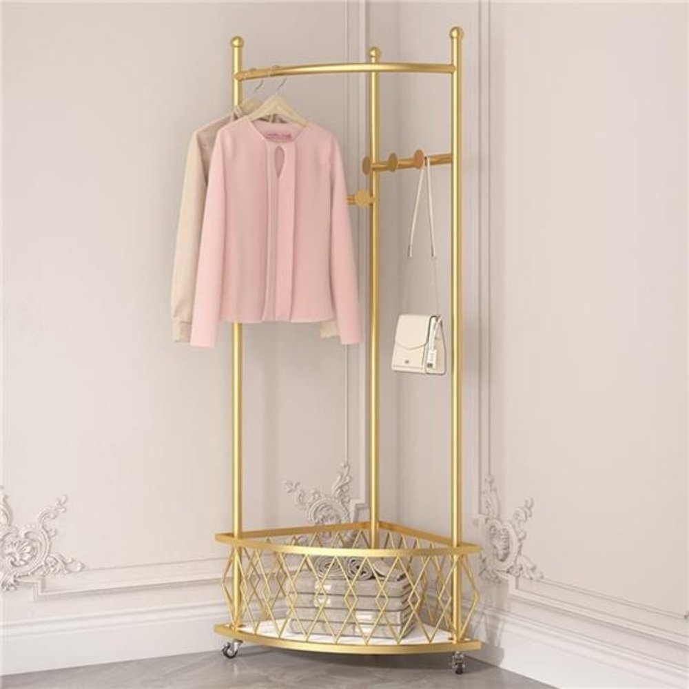 Metal Corner Coat Rack with Storage Basket, Freestanding Clothes Rack (Gold)